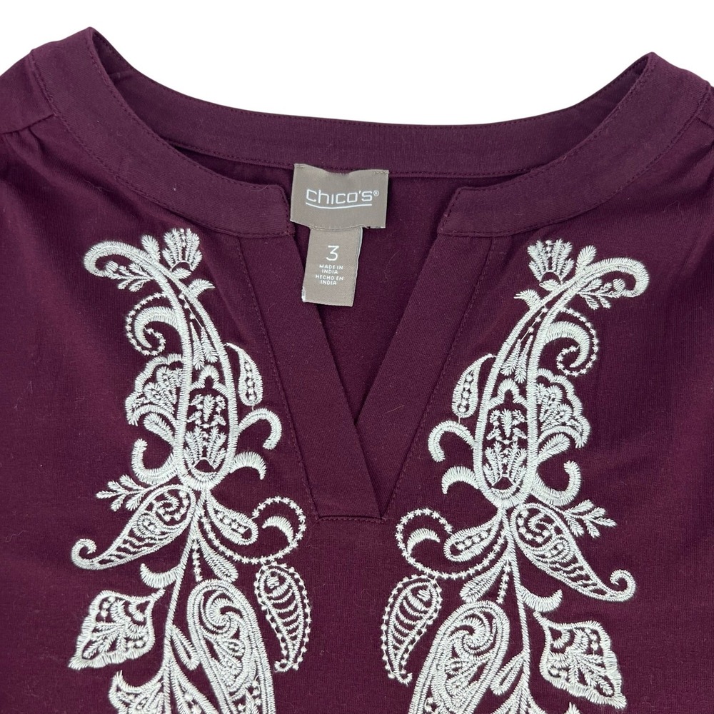 Chico's Embellished Embroidered V Neck Shift Casual MIDI Dress Size 3 (XL 16)